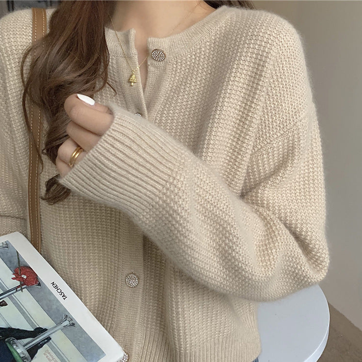 Women's Round Neck Knitted Cardigan Sweater Coat