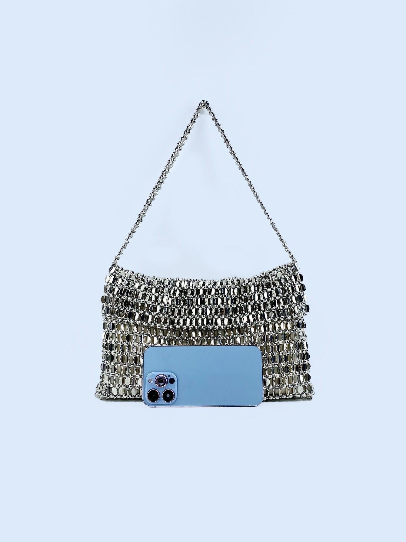 Retro metal sequin silver bag women's bag hand woven high-end feel handbag shoulder and armpit bag