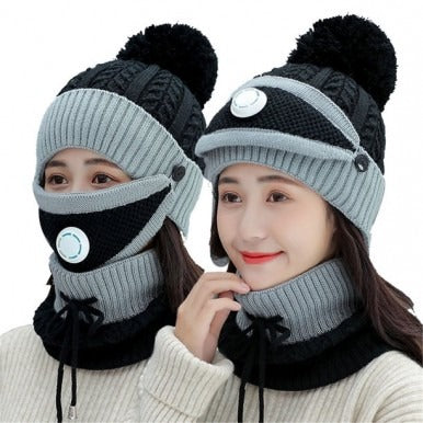 3peace Hat With Neck Warmer And Mouth Mask Thick Warm Winter Cap Scarf Face Cover Set For Ladies