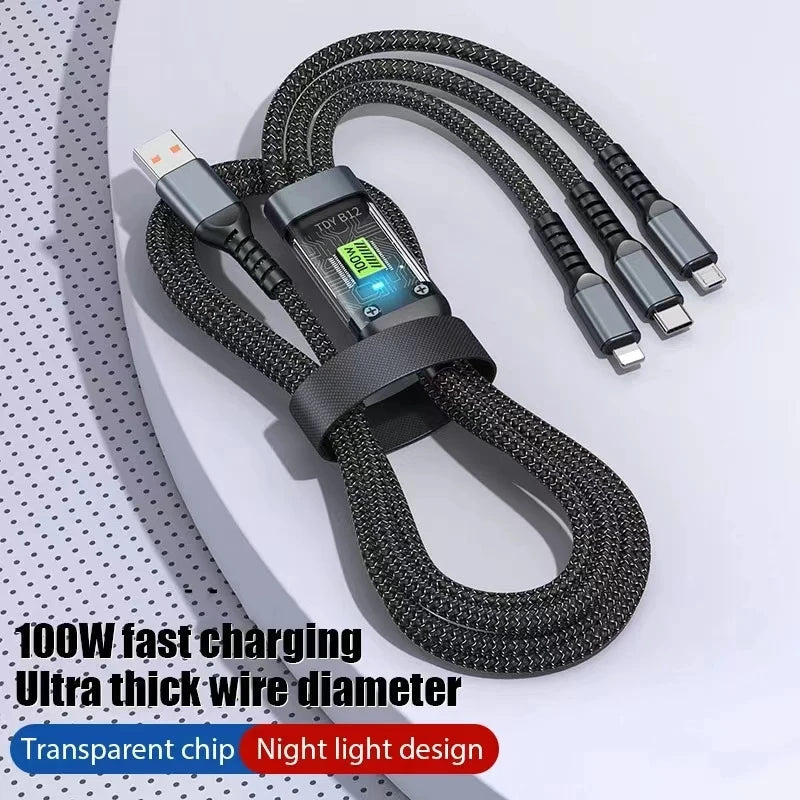 3 In 1 Usb 100w Cable For Fast Charging And Data Mini Usb Type C Micro Suitable For Iphone Android Xiaomi Huawei Oppo Charging