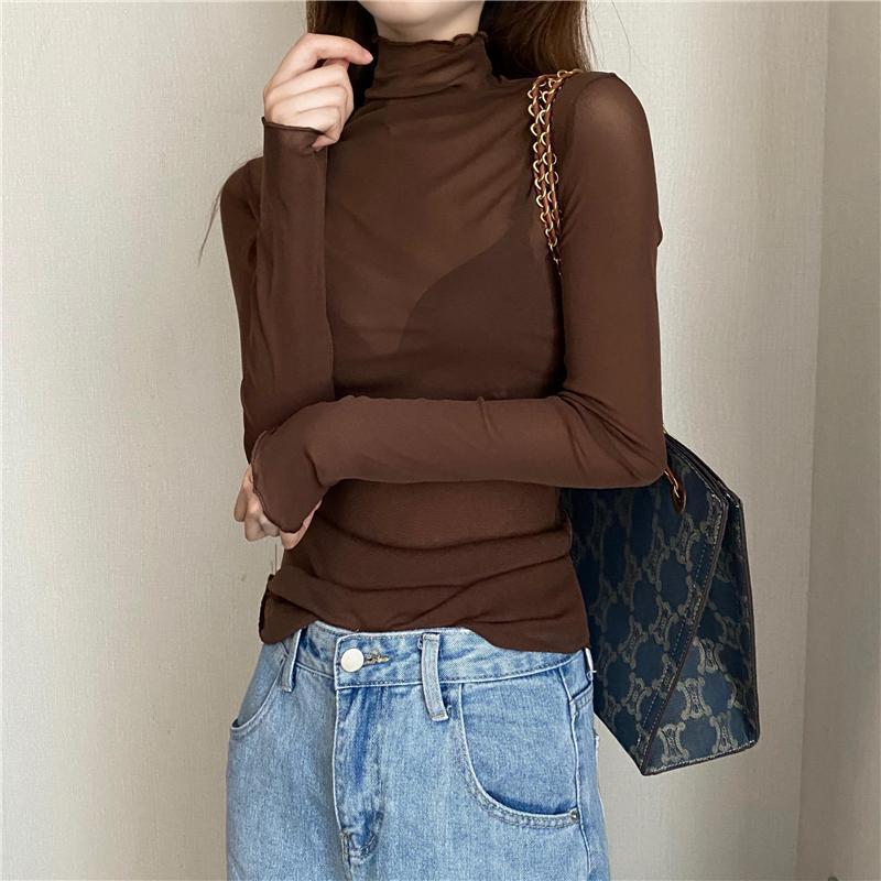 Slim-fit High Collar Long-sleeved Lace Base Shirt Women&#039;s Thin Mesh Top Autumn And Winter Black Wooden Ear-rimmed Shirt For Women