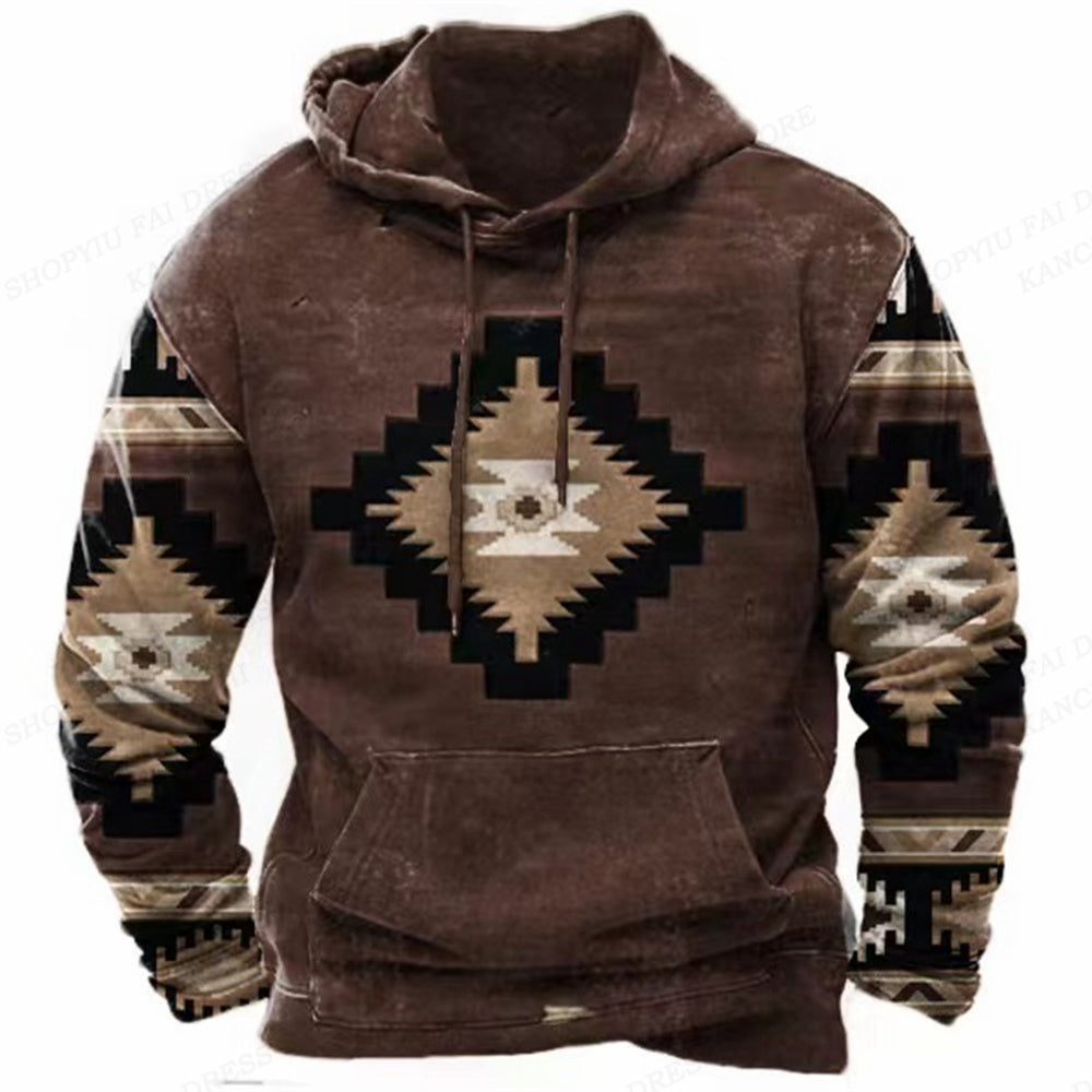 Western Hoodie Vintage Ethnic Graphic 3D Print Men Oversized Pullovers Y2k