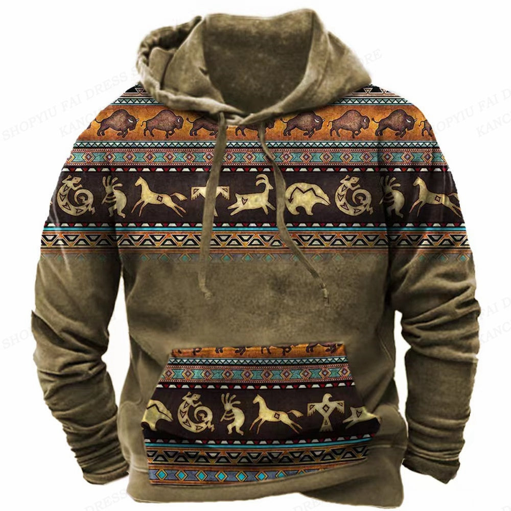 Western Hoodie Vintage Ethnic Graphic 3D Print Men Oversized Pullovers Y2k