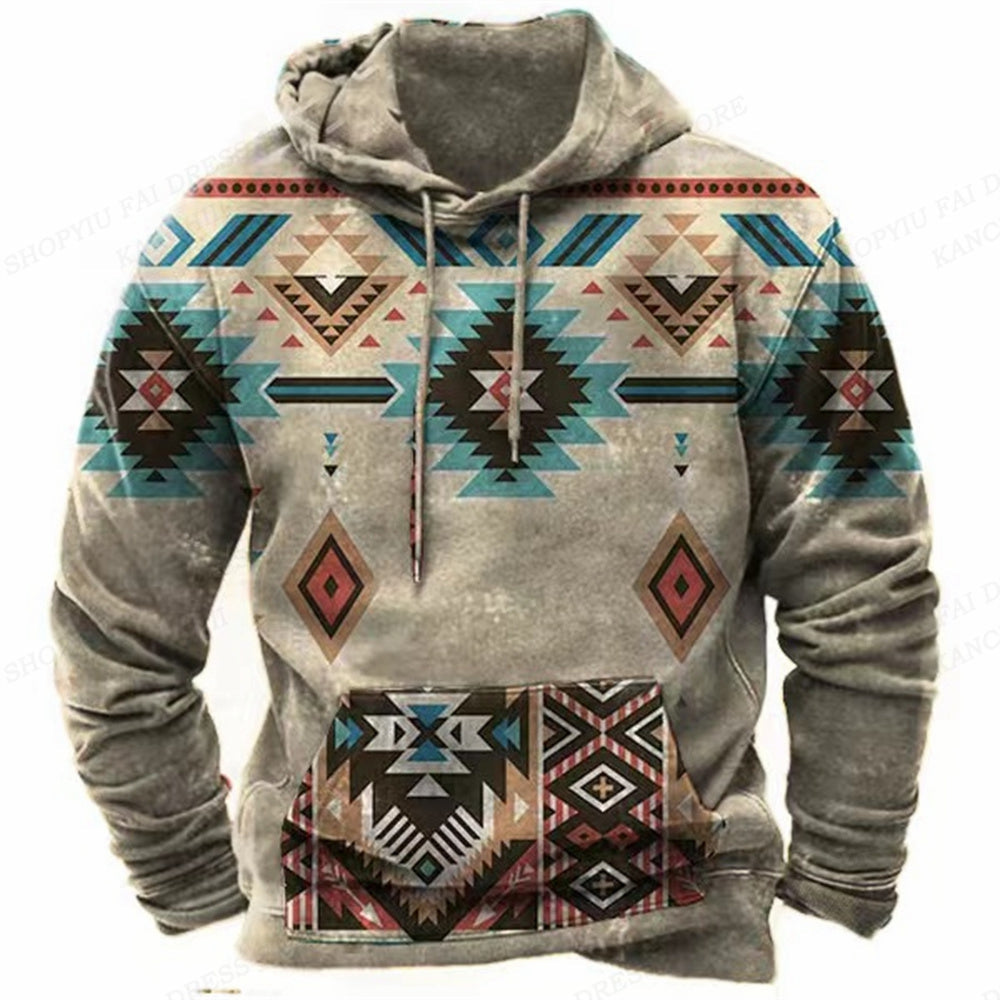 Western Hoodie Vintage Ethnic Graphic 3D Print Men Oversized Pullovers Y2k