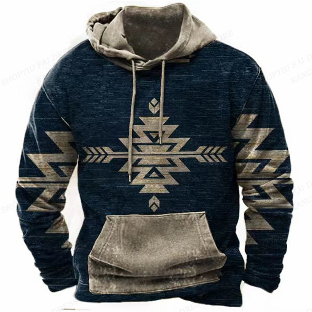 Western Hoodie Vintage Ethnic Graphic 3D Print Men Oversized Pullovers Y2k