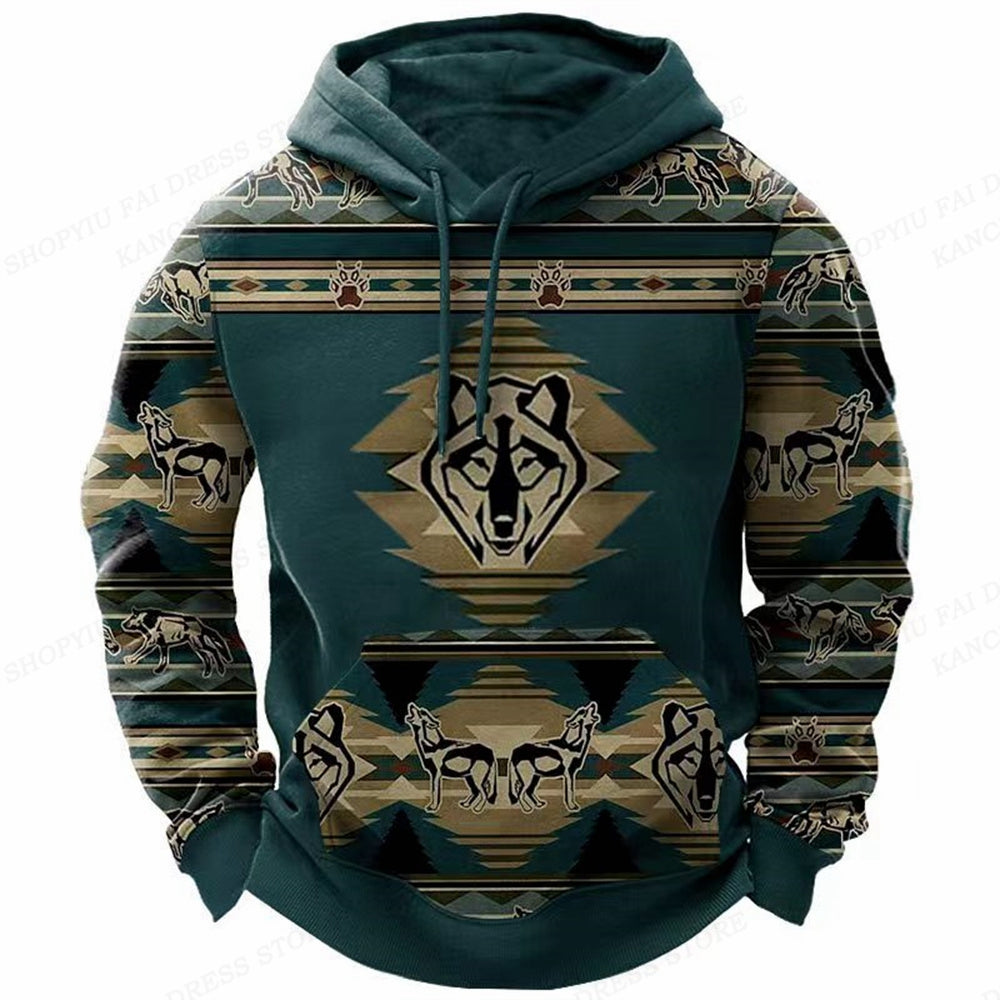 Western Hoodie Vintage Ethnic Graphic 3D Print Men Oversized Pullovers Y2k