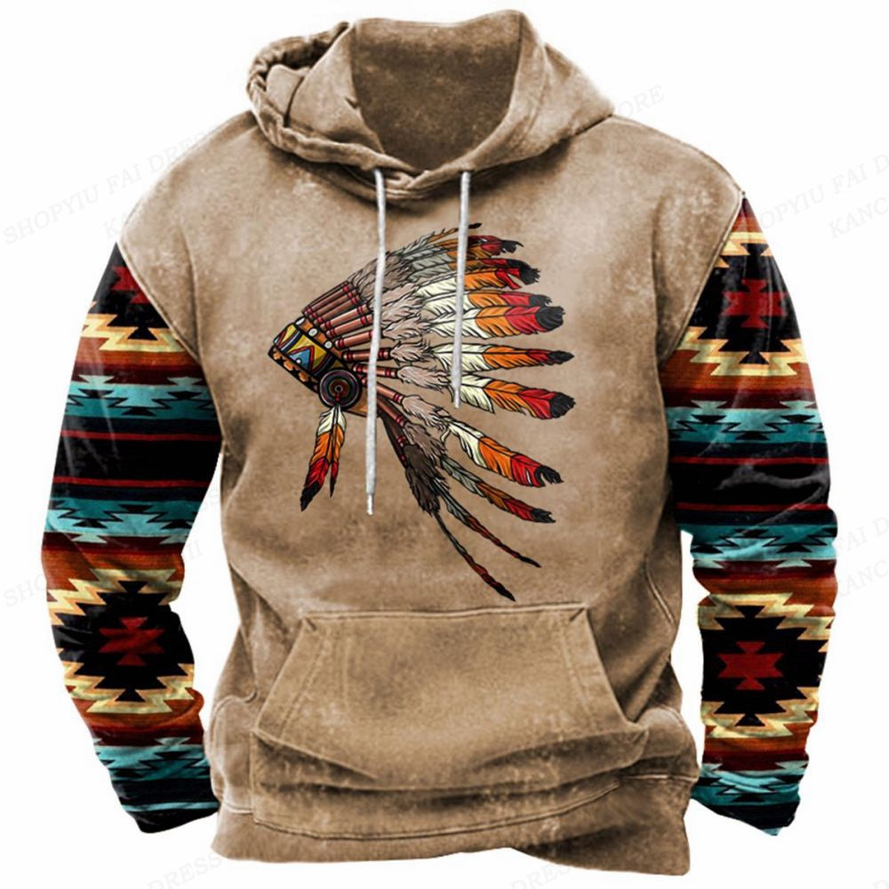 Western Hoodie Vintage Ethnic Graphic 3D Print Men Oversized Pullovers Y2k