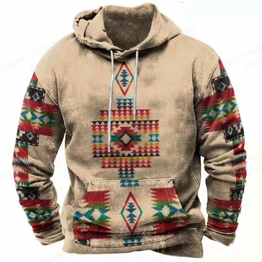 Western Hoodie Vintage Ethnic Graphic 3D Print Men Oversized Pullovers Y2k