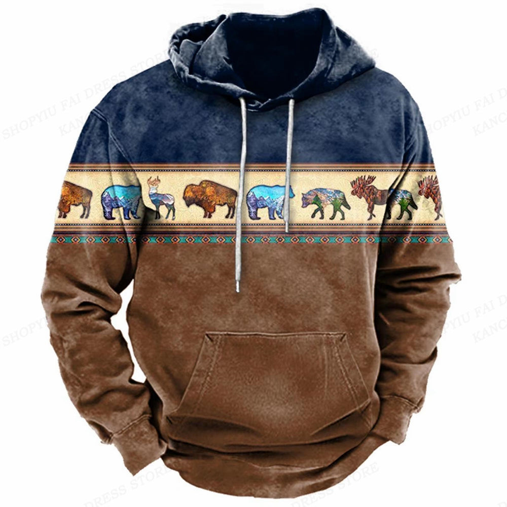 Western Hoodie Vintage Ethnic Graphic 3D Print Men Oversized Pullovers Y2k