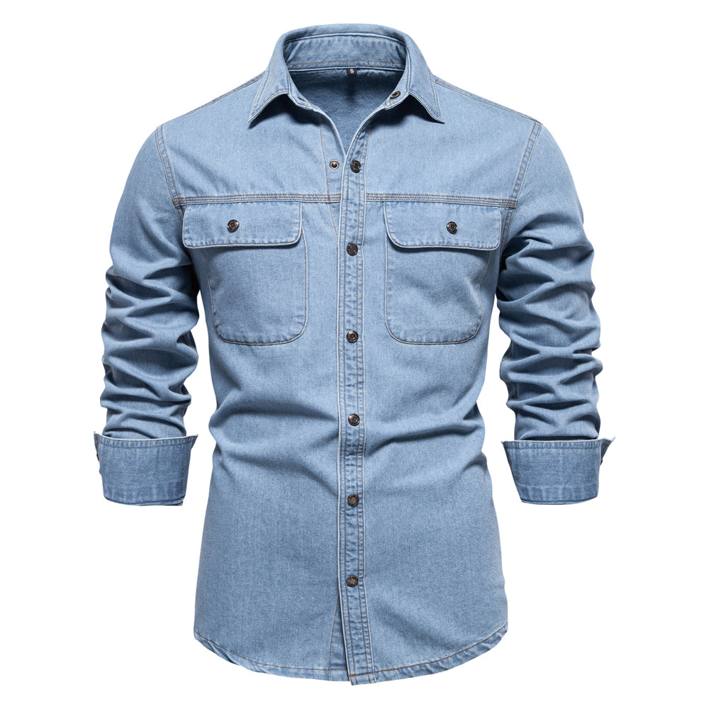 AIOPESON Brand New Mens 100% Cotton Denim Shirts Double Pocket Casual