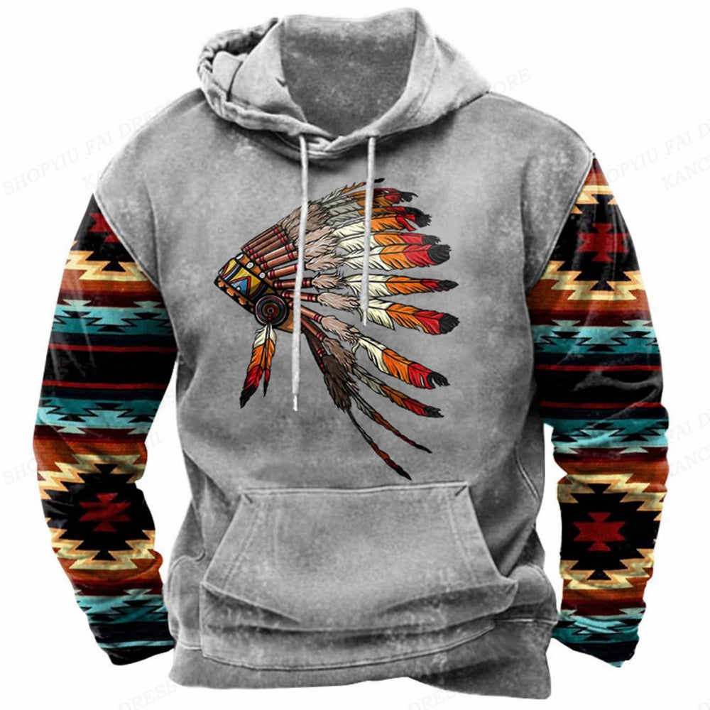 Western Hoodie Vintage Ethnic Graphic 3D Print Men Oversized Pullovers Y2k