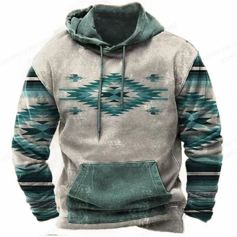 Western Hoodie Vintage Ethnic Graphic 3D Print Men Oversized Pullovers Y2k