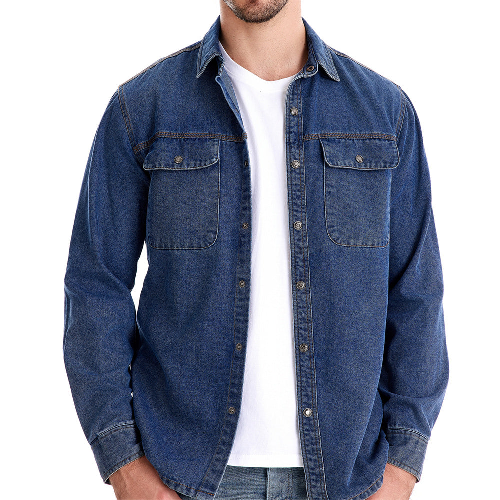 AIOPESON Brand New Mens 100% Cotton Denim Shirts Double Pocket Casual