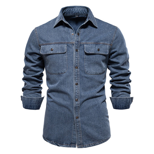 AIOPESON Brand New Mens 100% Cotton Denim Shirts Double Pocket Casual