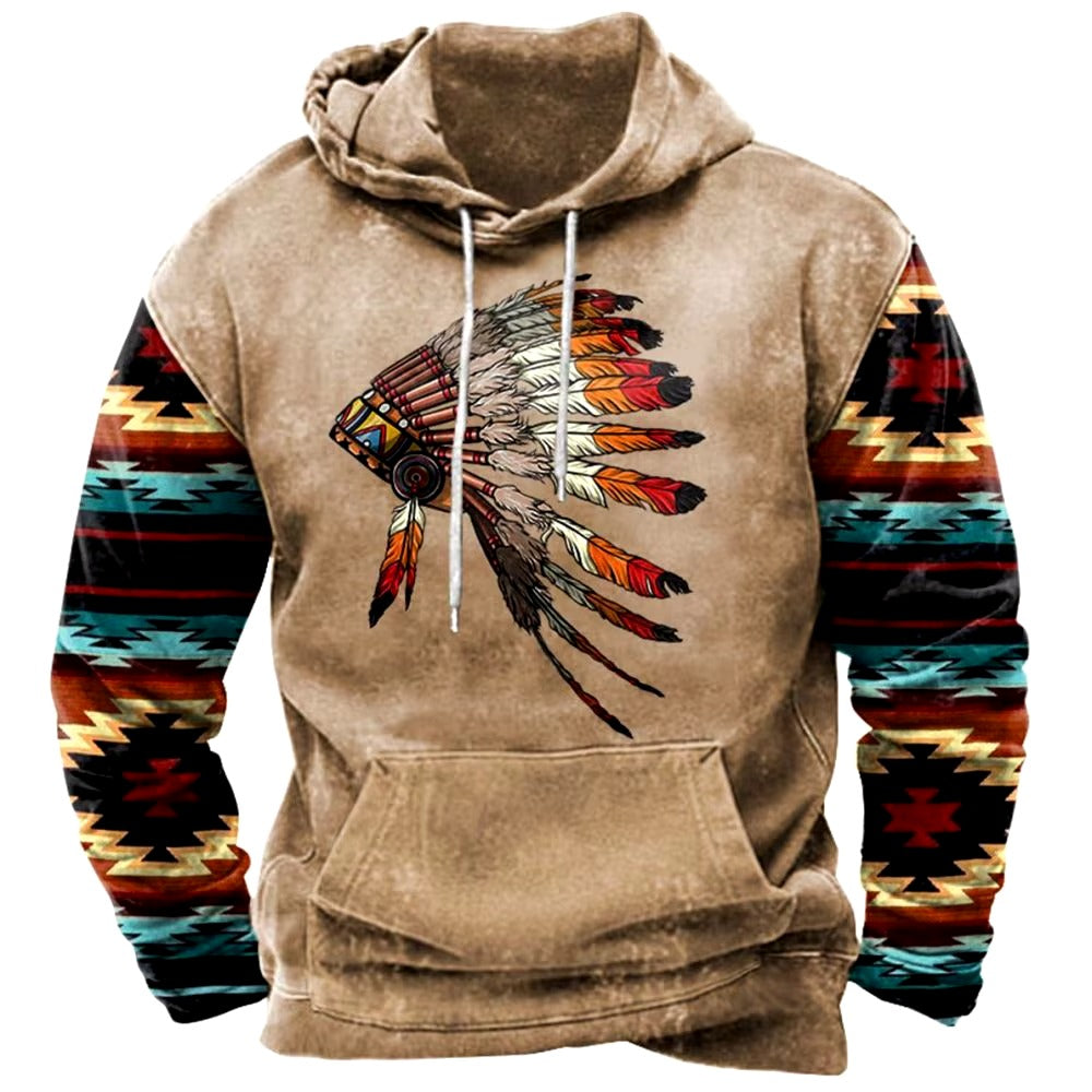 Western Hoodie Vintage Ethnic Graphic 3D Print Men Oversized Pullovers Y2k