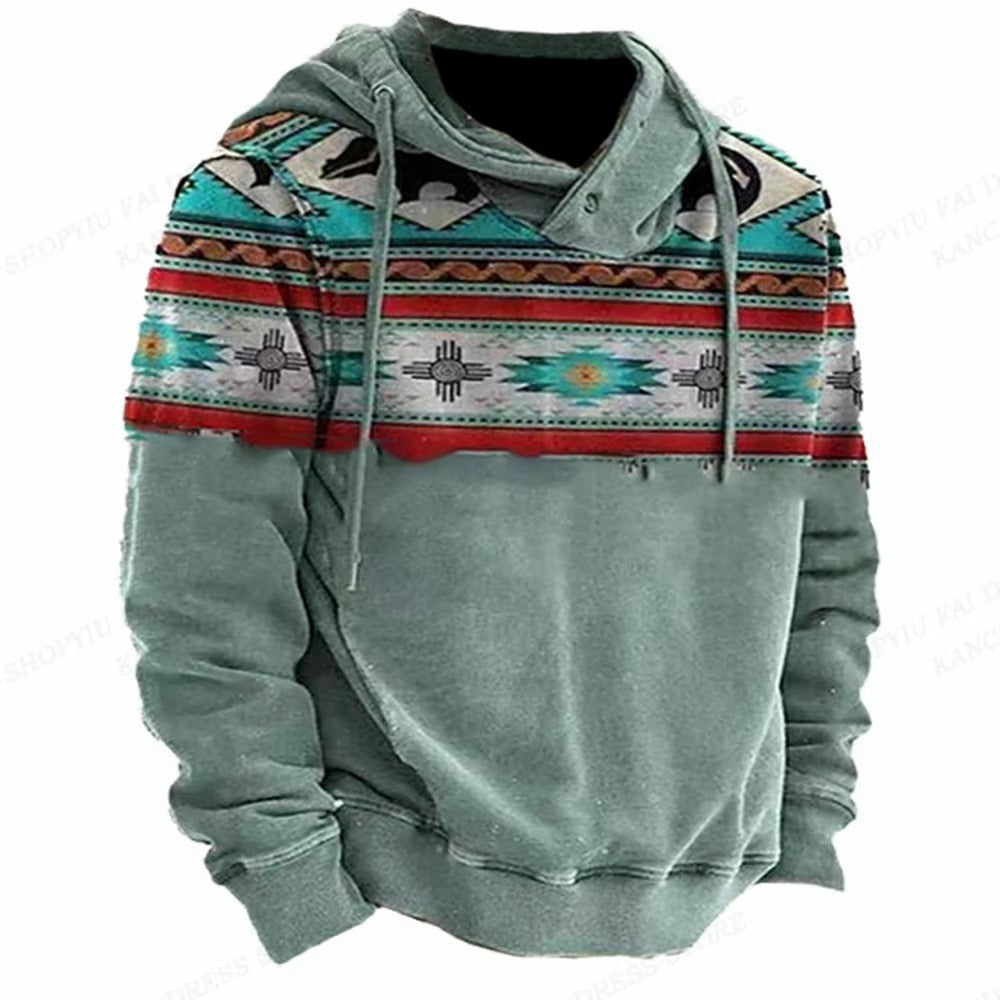 Western Hoodie Vintage Ethnic Graphic 3D Print Men Oversized Pullovers Y2k