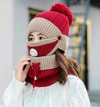 3peace Hat With Neck Warmer And Mouth Mask Thick Warm Winter Cap Scarf Face Cover Set For Ladies