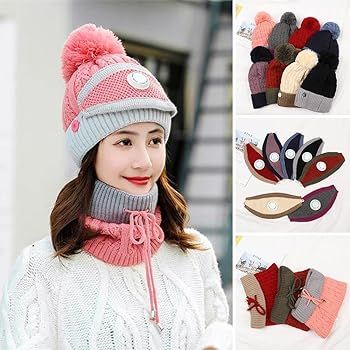 3peace Hat With Neck Warmer And Mouth Mask Thick Warm Winter Cap Scarf Face Cover Set For Ladies