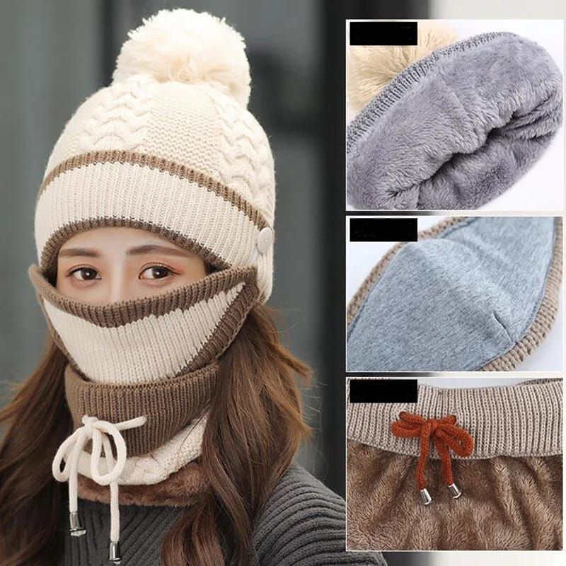 3peace Hat With Neck Warmer And Mouth Mask Thick Warm Winter Cap Scarf Face Cover Set For Ladies