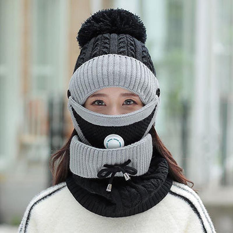 3peace Hat With Neck Warmer And Mouth Mask Thick Warm Winter Cap Scarf Face Cover Set For Ladies