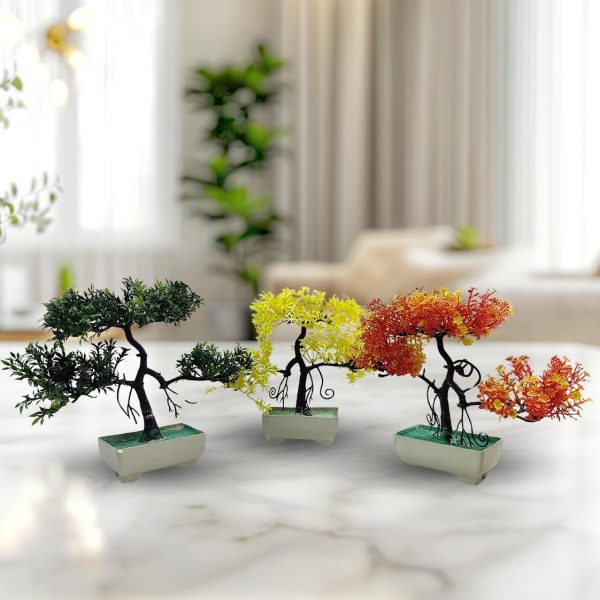 Pack Of 3 Bonsai Trees, ( Green, Yellow, Orange ) Room Decor Bonsai Tree