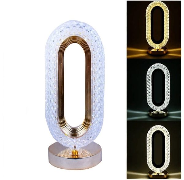 Rechargeable Luxury Oval Shaped Crystal Table Lamp With 3 Colors Touch Control